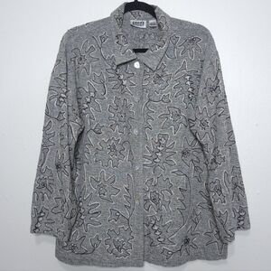 Vintage Chico's Silk Embroidered Button Down Shirt XL Gray Pink Art To Wear